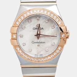 Omega Mother of Pearl Diamonds 18k Rose Gold Stainless Steel Constellation 123.25.27.60.55.005 Women's Wristwatch 27 mm