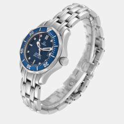 Omega Blue Stainless Steel Seamaster Quartz Women's Wristwatch 28 mm