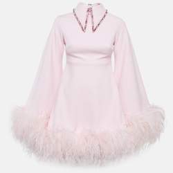 Onori Pink Crepe Faux Feather Detail Mini Dress S