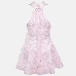 Pre Owned Onori Pink Satin Feather Trim The Grace Mini Dress M