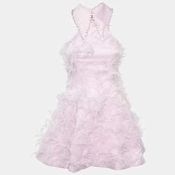 Pre Owned Onori Pink Satin Feather Trim The Grace Mini Dress M
