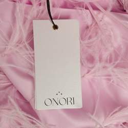 Pre Owned Onori Pink Satin Feather Trim The Grace Mini Dress M