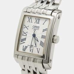 Oris Silver Guilloche Stainless Steel Rectangular Date 01 561 7656 4071-07 8 17 82 Women's Wristwatch 24.50 mm