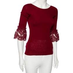 مملوكة مسبقًا Oscar de la Renta Red Merino Wool & Lace Trim Detailed Long Sleeve Top S
