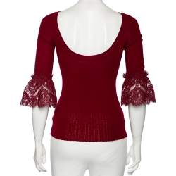 مملوكة مسبقًا Oscar de la Renta Red Merino Wool & Lace Trim Detailed Long Sleeve Top S