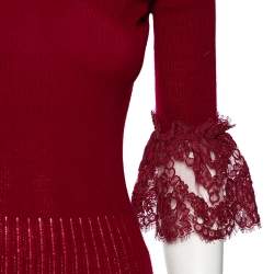 مملوكة مسبقًا Oscar de la Renta Red Merino Wool & Lace Trim Detailed Long Sleeve Top S