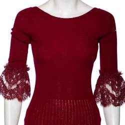 مملوكة مسبقًا Oscar de la Renta Red Merino Wool & Lace Trim Detailed Long Sleeve Top S