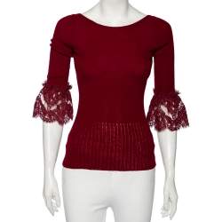 مملوكة مسبقًا Oscar de la Renta Red Merino Wool & Lace Trim Detailed Long Sleeve Top S