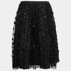 Pre Owned Oscar de la Renta Black Tulle Embroidered Embellished Embellished Skirt M