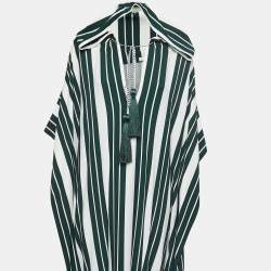 Pre Owned Oscar de la Renta Green Striped Crepe Hooded Kaftan Dress L