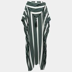 Pre Owned Oscar de la Renta Green Striped Crepe Hooded Kaftan Dress L