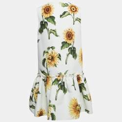 Pre Owned Oscar de la Renta White Sunflower Printed Faille Shift Dress M