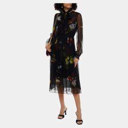 Pre Owned Oscar De La Renta Black Printed Silk Midi Dress XL (US 12)