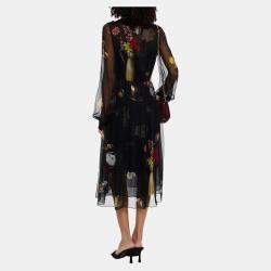 Pre Owned Oscar De La Renta Black Printed Silk Midi Dress XL (US 12)