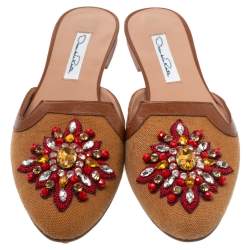 Pre Owned Oscar De La Renta Brown Embellished Canvas and Leather Flat Spanish Mules Size 37