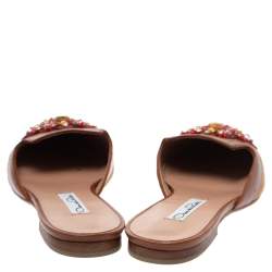 Pre Owned Oscar De La Renta Brown Embellished Canvas and Leather Flat Spanish Mules Size 37