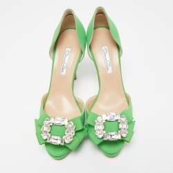 Pre Owned Oscar de la Renta Green Fabric Crystal Embellished Rosalba D' Orsay Peep Toe Pumps Size 40