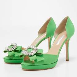 Pre Owned Oscar de la Renta Green Fabric Crystal Embellished Rosalba D' Orsay Peep Toe Pumps Size 40