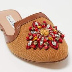 Oscar de la Renta Brown Canvas and Leather Spanish Embellished Flat Mules Size 36