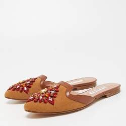 Oscar de la Renta Brown Canvas and Leather Spanish Embellished Flat Mules Size 36