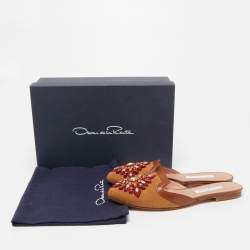 Oscar de la Renta Brown Canvas and Leather Spanish Embellished Flat Mules Size 36