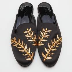 Pre Owned Oscar de la Renta Black Satin Embellished Flat Mules Size 39