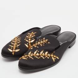 Pre Owned Oscar de la Renta Black Satin Embellished Flat Mules Size 39