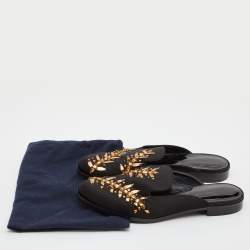 Pre Owned Oscar de la Renta Black Satin Embellished Flat Mules Size 39