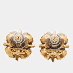 Pre Owned Oscar de la Renta Blue Crystal Gold Tone Stud Earrings