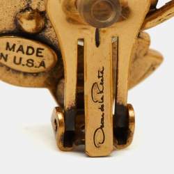 Pre Owned Oscar de la Renta Crystal Gold Tone Leaf Motif Clip-on Earrings