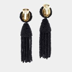 مملوكة مسبقًا Oscar de la Renta  Black Beaded Short Tassel Clip On Earrings