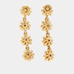 Pre Owned Oscar de la Renta Flower Crystals Enamel Gold Tone Earrings