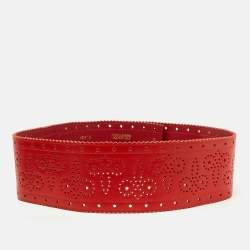 Oscar de la Renta Red Perforated Leather Waist Belt M