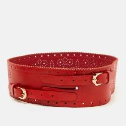Oscar de la Renta Red Perforated Leather Waist Belt M