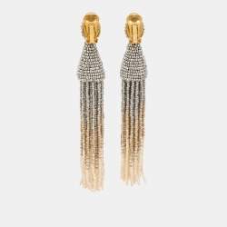 Pre Owned Oscar de la Renta Multicolor Beaded Gold Tone Tassel Clip on Earrings