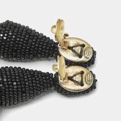 Pre Owned Oscar de la Renta  Black Beaded Short Tassel Clip On Earrings