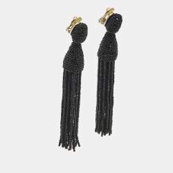 Pre Owned Oscar de la Renta  Black Beaded Short Tassel Clip On Earrings
