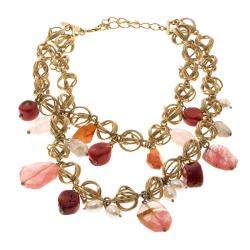 Oscar de la Renta Multi Stone Faux Pearl Gold Tone Two Strand Necklace