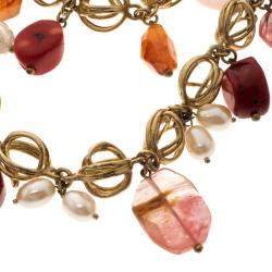 Oscar de la Renta Multi Stone Faux Pearl Gold Tone Two Strand Necklace