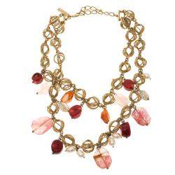 Pre Owned Oscar de la Renta Multi Stone Faux Pearl Gold Tone Two Strand Necklace