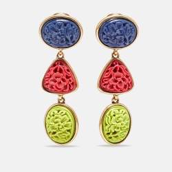 Pre Owned Oscar de la renta Carved Resin Gold Tone Clip-On Drop Earrings