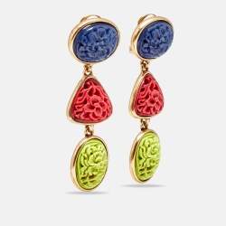 Pre Owned Oscar de la renta Carved Resin Gold Tone Clip-On Drop Earrings