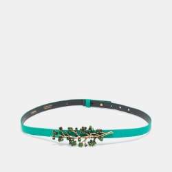 Pre Owned Oscar de la Renta Green Satin Crystal Embellished Slim Belt M