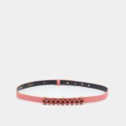 Pre Owned Oscar de la Renta Coral Orange Satin Crystal Embellished Slim Belt M
