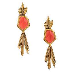 Pre Owned Oscar de la Renta Red Crystal Gold Tone Long Earrings