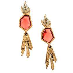 Pre Owned Oscar de la Renta Red Crystal Gold Tone Long Earrings