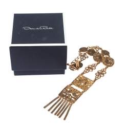 Pre Owned Oscar de la Renta Multi Motif Gold Tone Statement Necklace