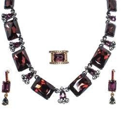 Pre Owned Oscar de la Renta Crystal Studded Ring Earrings & Necklace Set