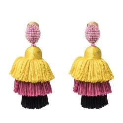 Pre Owned Oscar de la Renta Multicolor Silk Tiered Tassel Clip-On Earrings
