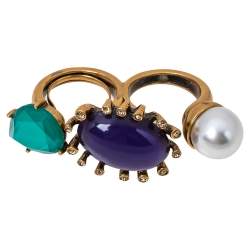 مملوكة مسبقًا Oscar de la Renta Mulitcolor Crystals & Faux Pearl Double Finger Ring Size EU 54.4